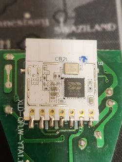 CB2L BK7231N Module on PCB CB2L BK7231N module mounted on a green PCB.