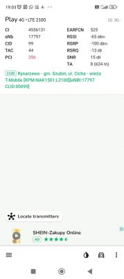 Zrzut ekranu z aplikacji NetMonster pokazujący parametry sieci 4G LTE 2100 z Play, w tym CI, eNb, RSSI i inne.