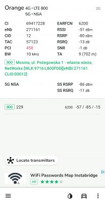 Zrzut ekranu z aplikacji wyświetlającej parametry sieci 4G LTE i 5G w lokalizacji Mosina, ul. Pożegowska 1.