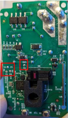 PCB of TP-Link Kasa HS200 Switch PCB of TP-Link Kasa HS200 light switch with marked pads.