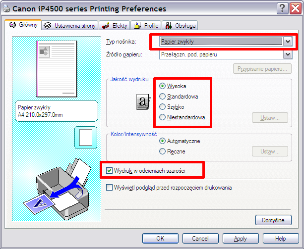 Drukarka PIXMA iP4500 drukuje w regularne pasy