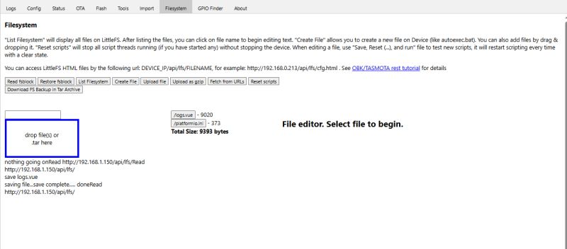 LittleFS filesystem interface with listed files and file operation options