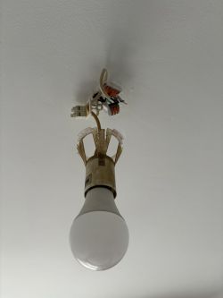 Jedna żarówka zawieszona pod sufitem za pomocą haka i kostki elektrycznej.