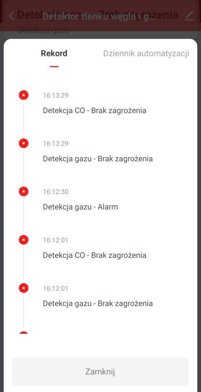 Zrzut ekranu aplikacji z historią detekcji gazu i CO