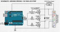 Schemat Arduino UNO sterującego taśmą RGB 12 V przez trzy MOSFET-y i rezystory 220 Ω