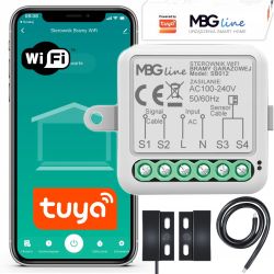 Sterownik WiFi do bramy garażowej MBG Line SB012 obok smartfona z aplikacją Tuya wyświetlającą sterowanie bramą.