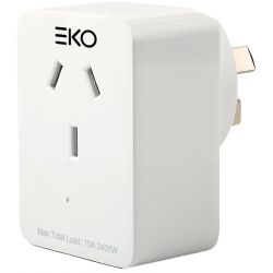 White outdoor dual smart socket by EKO with three plug slots and a maximum load of 10A 2400W.