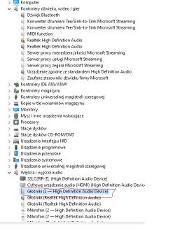 Menedżer urządzeń Windows – lista wejść i wyjść audio Zrzut ekranu z Menedżera urządzeń Windows, rozwinięta lista „Wejścia i wyjścia audio” z zaznaczonym urządzeniem „Głośniki (2 — High Definition Audio Device)”.