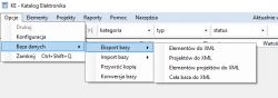 Menu programu KE - Katalog Elektronika z opcją eksportu bazy danych do XML.
