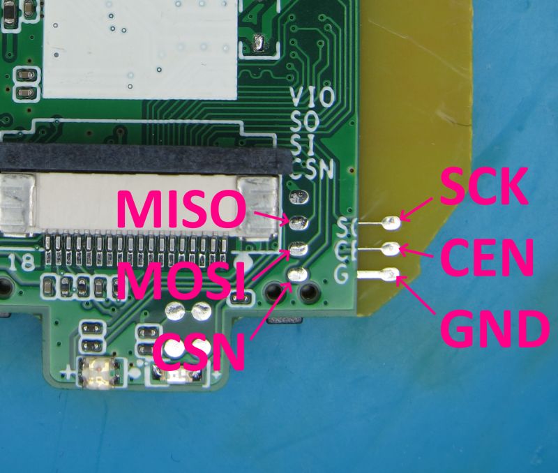 SPI pads labeling on A9 PCB Close-up of an A9 PCB with SPI interface pads labeled: MISO, MOSI, CSN, SCK, CEN, GND.