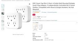 Two white KMC Smart Tap Mini adapters, each with four outlets; three individually controlled, one always on.