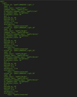 MQTT Configuration for Lights in HomeAssistant Screenshot of MQTT configuration for four lights in HomeAssistant.