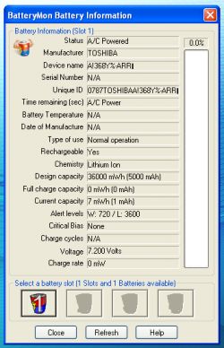 Zrzut ekranu z programu BatteryMon pokazujący informacje o baterii Toshiba.