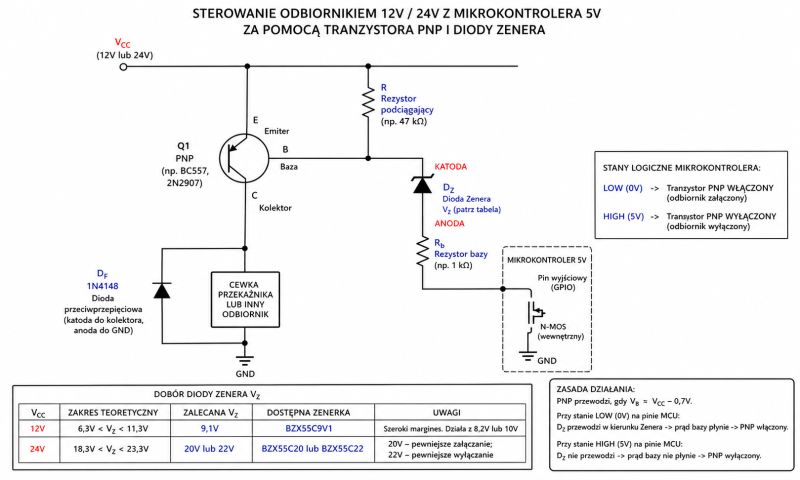 Diagram: controlling a 12/24 V load from a 5 V MCU using a PNP transistor and Zener diode