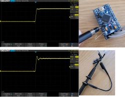 Porównanie dwóch przebiegów sygnału z oscyloskopu SIGLENT SDS1104X-U na tle dwóch różnych sposobów podłączenia sondy do mikrokontrolera Arduino Pro Mini.