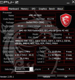 Zrzut ekranu z programu CPU-Z przedstawiający szczegóły procesora AMD A8-7600
