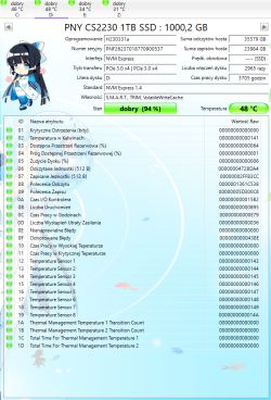 Zrzut CrystalDiskInfo z danymi PNY CS2230 1TB SSD, stan dobry 94% i temperatura 48°C