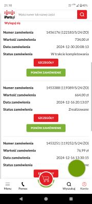 Zrzut ekranu zamówień części samochodowych w aplikacji iParts.pl.