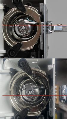 Zdjęcia mechanizmu chwytacza maszyny do szycia Arka Radom 888N z zaznaczonym przesunięciem czerwonymi liniami.