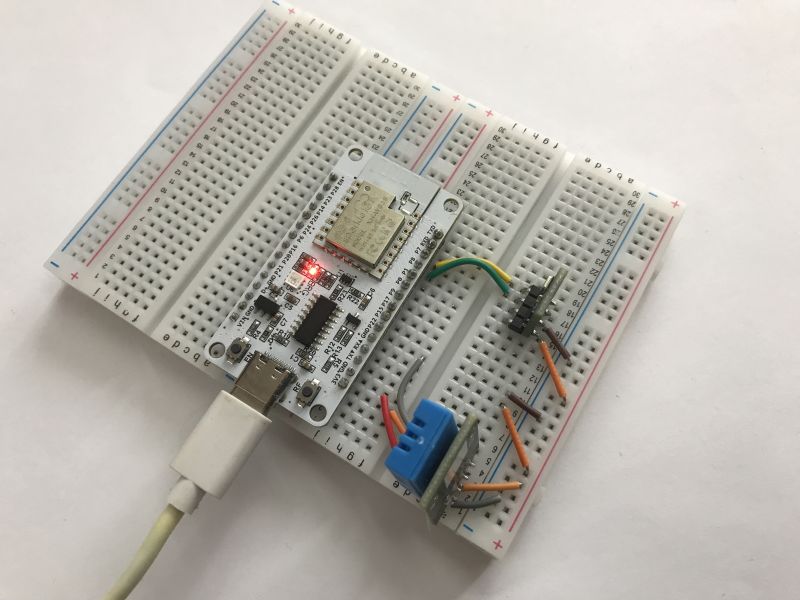 NiceMCU on a Breadboard NiceMCU development board on a breadboard with connected wires.