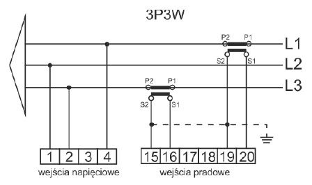 Schemat podłączenia trójfazowego licznika energii w konfiguracji 3P3W.