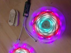 LSC Smart Digital RGBIC LED strip lighting up in various colors, next to exposed electronic circuit boards.