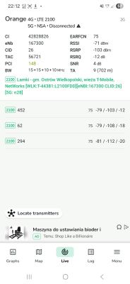 Zrzut ekranu z pomiarami sygnału sieci Orange 4G LTE 2100 w aplikacji sieciowej