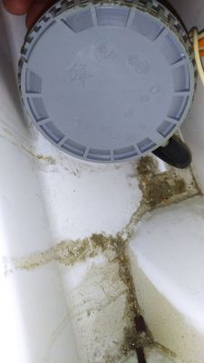 Zdjęcie okrągłego hydrostatu z tworzywa sztucznego, umieszczonego w zanieczyszczonym otoczeniu wewnątrz urządzenia.
