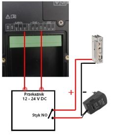 Schemat podłączenia elektrozaczepu przez przekaźnik do centrali sterującej