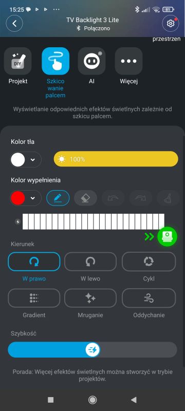 Mobile Govee app screen showing LED strip settings: color, direction, animation modes.