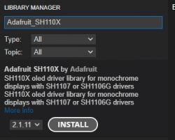 Arduino library manager window with Adafruit_SH110X library selected.
