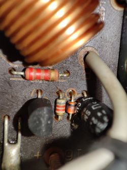 Zbliżenie na uszkodzone elementy elektroniczne na płytce z rezystorami i diodą.