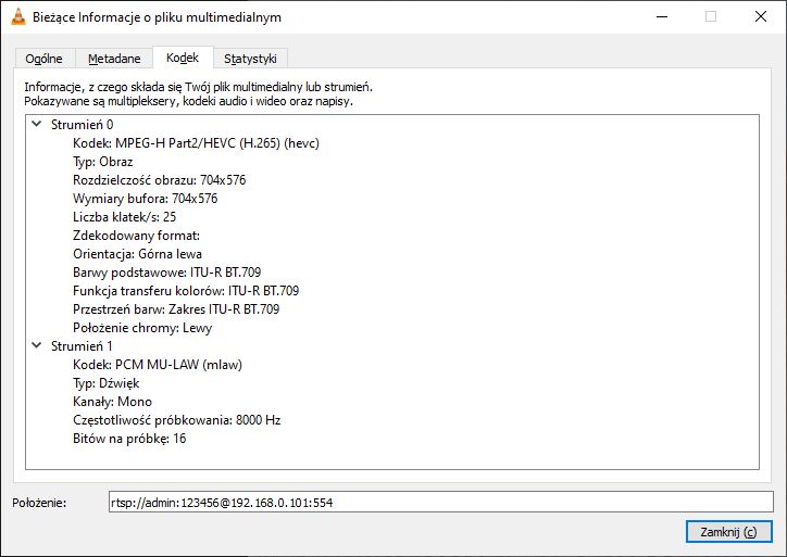 Okno programu VLC z informacjami o pliku RTSP.