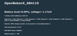 Status screen “OpenBekenX_684110” showing battery level 0.00% and voltage −1.17 mV
