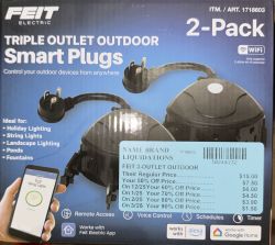 Feit Electric Outdoor Smart Plugs Packaging Packaging of Feit Electric triple outlet outdoor smart plugs 2-pack with discount information.