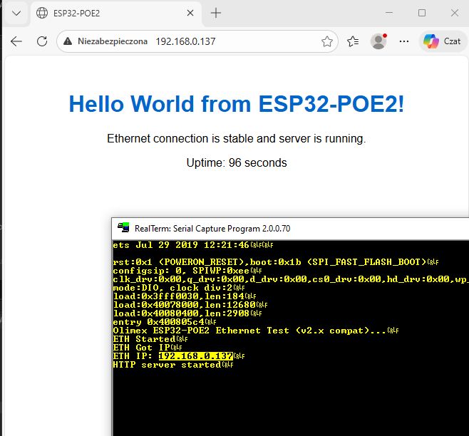Browser window showing “Hello World from ESP32-POE2!” and an embedded RealTerm terminal log screenshot