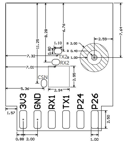 Diagram showing the pin layout on a board with labels: 3V3, GND, RX1, TX1, P24, P26, TX2, RX2, CSN.