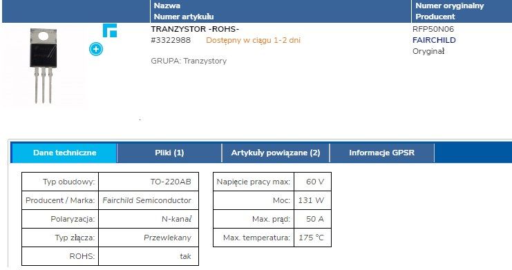 [Rozwiązano] Zamienniki tranzystorów RFP50N06 i A916 we wzmacniaczu ...