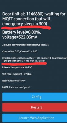 Error message screen with warnings about low battery level and unconfigured MQTT.