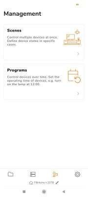 Smart home management app screen with options for “Scenes” and “Programs”.