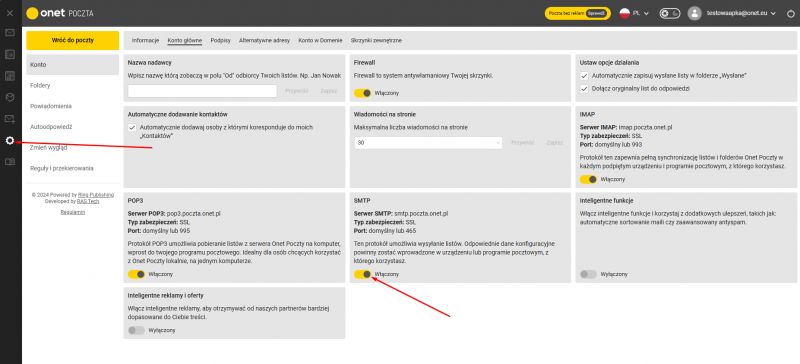 SMTP Settings in Onet Mail Screenshot of Onet mail settings with SMTP option highlighted.