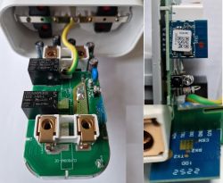 Interior of a Tuya Smart Socket Close-up of the interior of a Tuya smart socket with visible electronic circuit components.