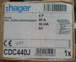 Pudełko wyłącznika różnicowoprądowego Hager RCCB 40 A 30 mA.