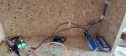 Wnętrze głośnika z widocznymi komponentami elektronicznymi i przewodami.