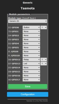 Screenshot of Tasmota interface showing module settings and GPIO pin mapping.