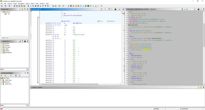 Screenshot of Ghidra analyzing dump.bin file in MIPS architecture