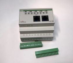 F&amp;Home mH-V8B home automation controller with two green screw terminal blocks.