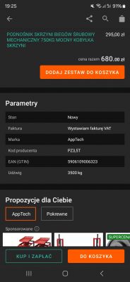 Aplikacja na telefonie przedstawia ofertę zakupu podnośnika skrzyni biegów śrubowy mechaniczny.