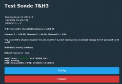 Screenshot of the configuration interface for Test Sonde T&H3 sensor with temperature, humidity data, and MQTT status.