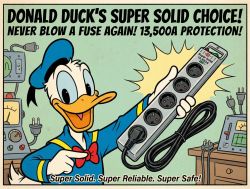 Donald Duck holds a power strip with 6 sockets labeled Super Solid.